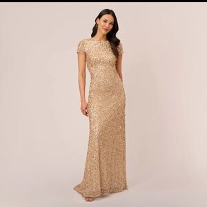 Adrianna Papell Gold Sequin Gown SZ 18 NWT Formal Evening Dress Black Tie Modest